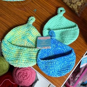 Crocheted baskets, Turquoise and Blue. Handmade by me. You get all 3.